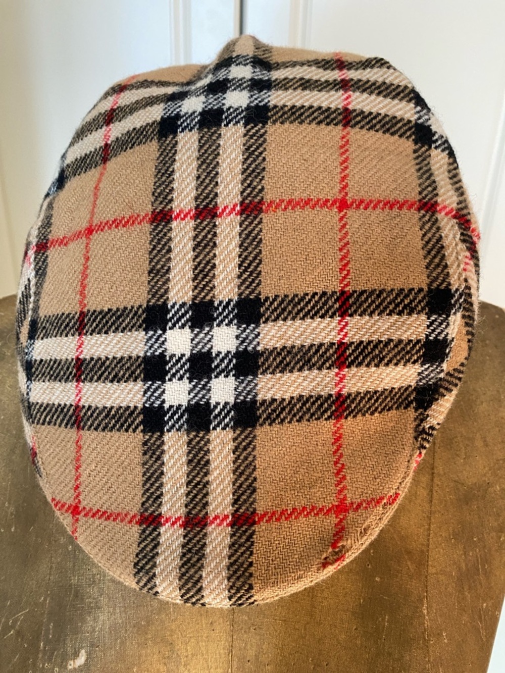 Vintage Burberry Plaid Wool Newsboy Cap in Beige, Black & Red Accents.